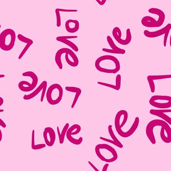 Hand drawn seamless pattern with pink st valentines day hearts love. Cute romantic simple minimalist doodle on pink background, wrapping paper textile, valentine texture symbol fabric print, white shapes