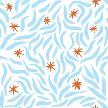 Hand drawn seamless pattern with orange star snowflake blue wavy curve lines on white background. Abstract geometric design, christmas new year winter fabric wrapping paper, minimalist ornament art