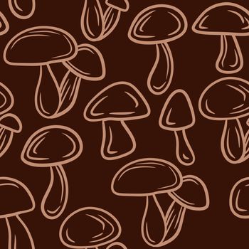 Hand drawn seamless pattern with beige brown forest wood mushrooms. Woodland minimalist toadstool wild fungus fungi, nature poisonous plant organic season