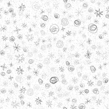 Hand Drawn Snowflakes Christmas Seamless Pattern. Subtle Flying Snow Flakes on chalk snowflakes Background. Amusing chalk handdrawn snow overlay. Alluring holiday season decoration.