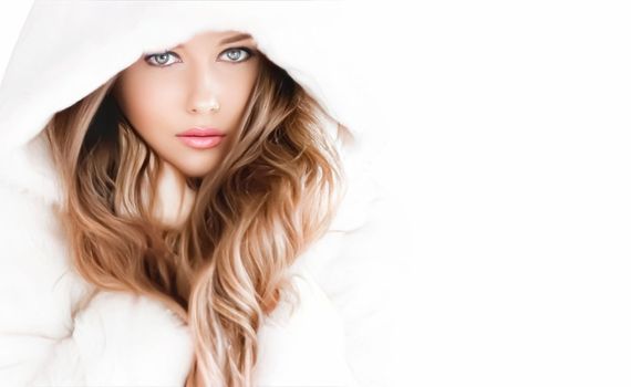 Winter fashion and beauty, beautiful woman in white fur coat.
