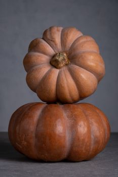 Two ripe beautiful musk pumpkins on a gray background. Vertical orientation. Selective focus.