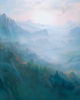 3D Illustration of landscape with fantasy concept with mountains and peaks in a very cloudy atmosphere. download image