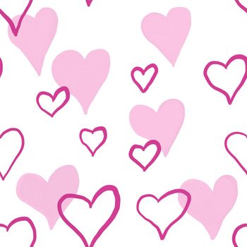 Hand drawn seamless pattern with pink st valentines day hearts love. Cute romantic doodle on white background, wrapping paper textile, valentine texture symbol fabric print, siple shapes