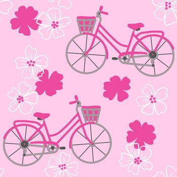 Hand drawn seamless pattern with pink bicycles on cherry sakura blossom flower floral background. Sport transportation vehicle outdoor actvity, travel bike for teenagers graphic sketch tourism cycling design