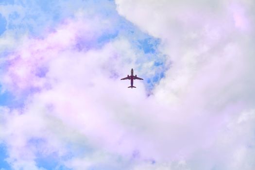 a flat surface on which a straight line joining any two points on it would wholly lie. Red passenger plane in blue sky with pink clouds