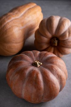 Three ripe pumpkins on a gray background. Vertical orientation. Selective focus.