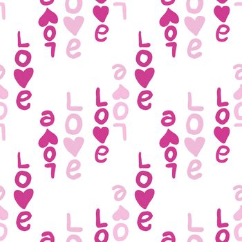 Hand drawn seamless pattern with pink st valentines day hearts love. Cute romantic doodle on white background, wrapping paper textile, valentine texture symbol fabric print, siple shapes