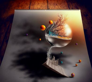 Aquarium with orange splashes. beautiful 3d sketch with colored elements. The drawing goes off the paper. High quality illustration