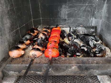 Vegetables on skewers are fried on coals. Onions, tomatoes, grilled eggplant. Picnic