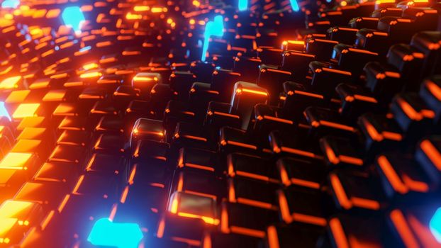 Multicolored LEDs moving in waves. 3D rendering illustration.