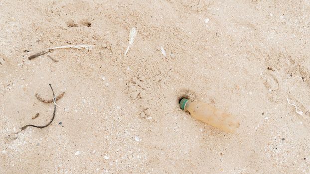 Plastic bottle on sand, pollution of the environment and the planet. High quality photo