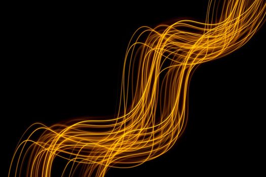 Abstract technology banner design. Long exposure light painting. Vibrant digital yellow neon lines on black background. High quality photo