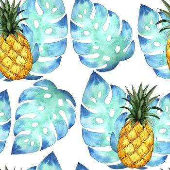 Pattern watercolor Pineapple with blue tropical leaves. Illustration.