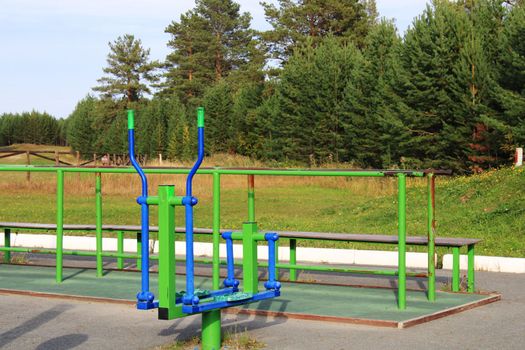 Sports outdoor simulator close-up on the background of the forest. The concept of a healthy lifestyle.