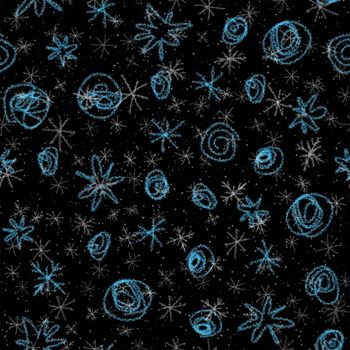 Hand Drawn Snowflakes Christmas Seamless Pattern. Subtle Flying Snow Flakes on chalk snowflakes Background. Authentic chalk handdrawn snow overlay. Fine holiday season decoration.