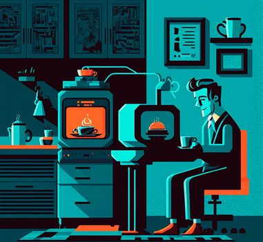 Programmer at the laptop in the early morning. High quality illustration