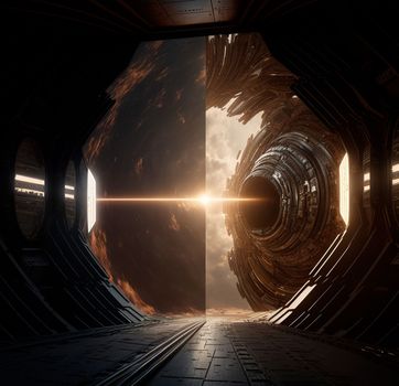 Space portal, space view, event horizon. Universe of Interstellar. High quality illustration