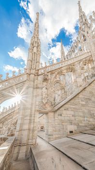 View of Duomo Cathedral terraces, terrazze del Duomo, in Milan in Italy.