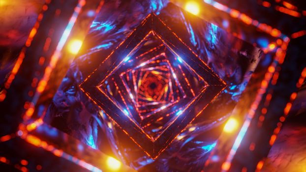 Flying in a futuristic tunnel through sparkling cubes. 3D rendering illustration.
