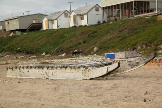 Side view of a traditional Inuit cargo sled or Komatik in the Copper Inuit style in the Kitikmeot region, Nunavut Canada. High quality photo