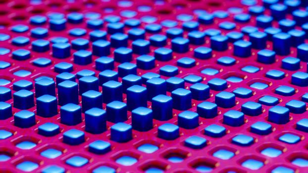 Blue buttons arranged in rows on a red surface. 3D rendering illustration.