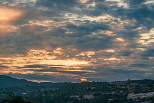 Atmosphere panorama Dramatic Sky Sunset Sunrise Dark orange rosy yellow blue pink cloud background.