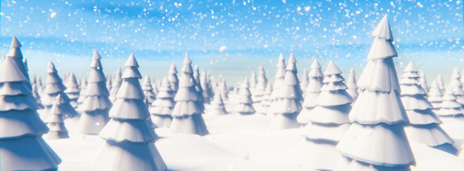 A walk through a snow-covered forest during a snowfall on Christmas Day. 3D rendering illustration.