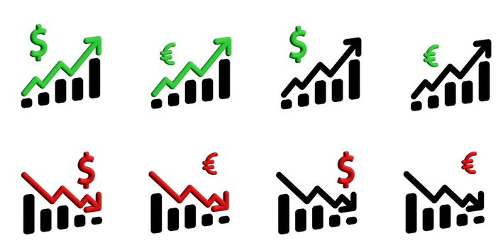 illustration of the dollar euro currency appreciation icon. A money symbol with a trailing up and down arrow.