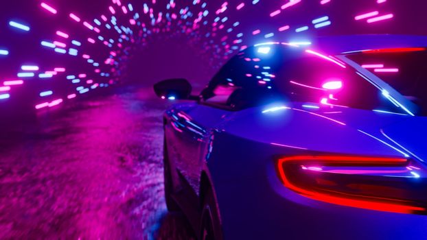 A sports car rushes through a neon tunnel. 3D rendering illustration..