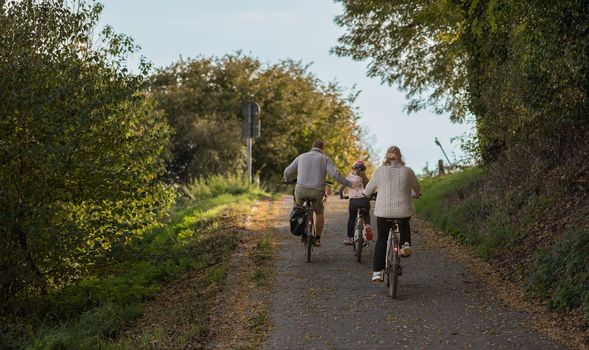 Family enjoying bike ride in park. Weekend bike riding. High-quality photo