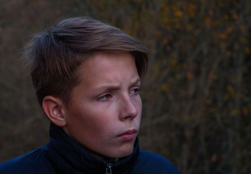 Portrait of a cute boy in blue clothes on the background of the autumn forest. Sad dramatic portrait of a teenager. Portrait of a handsome sad boy looking to the side.