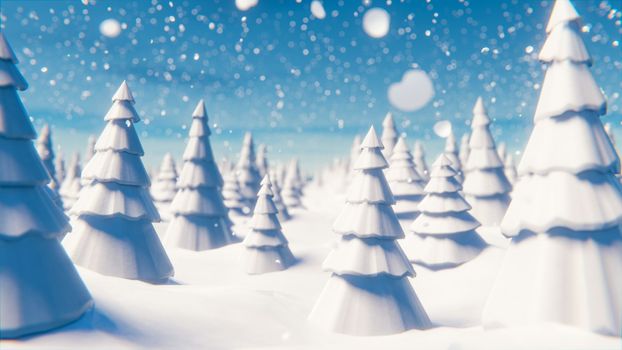 A walk through a snow-covered forest during a snowfall on Christmas Day. 3D rendering illustration.