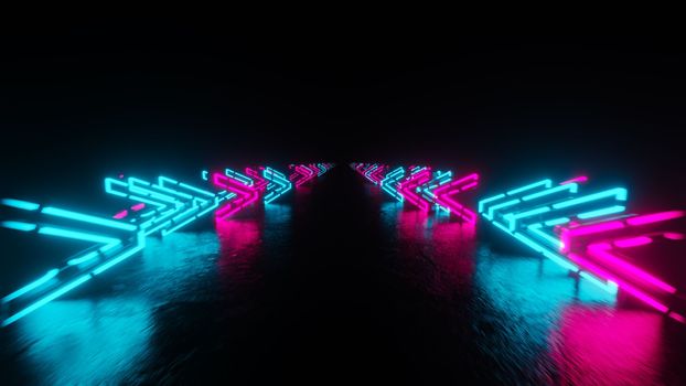 Red cyan neon background with glowing gradient arrows, showing forward direction. 3D rendering illustration..
