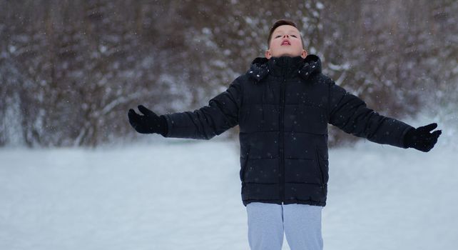 A teenage boy in a dark jacket and light trousers without a hat stands in the forest in winter. A boy happily gestures with his hands in a winter park.