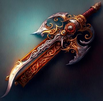 Mythical fantasy sword. Short blade. 3d drawing. High quality illustration