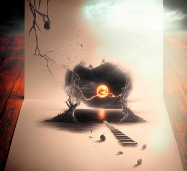 Staircase to the yellow moon. beautiful 3d sketch with colored elements. The drawing goes off the paper. High quality illustration