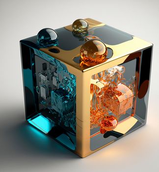 Metallic gold cube with glass sides. High quality illustration