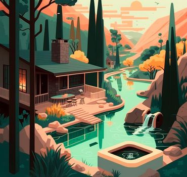 illustration of hot springs in mountain. High quality illustration