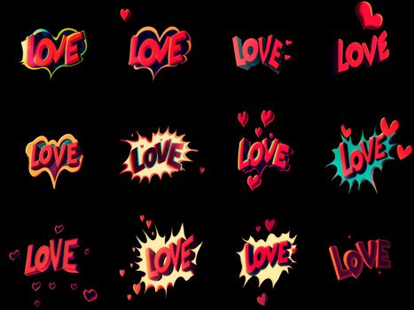 A selection of emblems with the word Love in the styles of comics and pop art