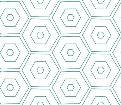 Ikat repeating swimwear design. Turquoise symmetrical kaleidoscope background. Summer ikat sweamwear pattern. Textile ready pretty print, swimwear fabric, wallpaper, wrapping.