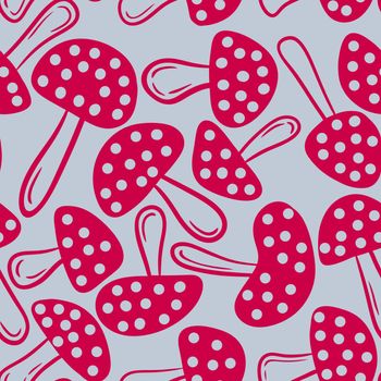 Hand drawn seamless pattern with red amanita mushrooms on grey background. Viva magenta 2023 color in forest wood woodland fungi fly agaric design. Toxic poisonous toadstool fabric print season