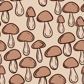 Hand drawn seamless pattern with beige brown forest wood mushrooms. Woodland minimalist toadstool wild fungus fungi, nature poisonous plant organic season