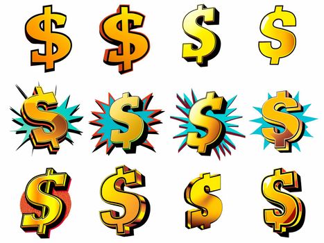 A colorful set of icons with images of the dollar in the style of pop art