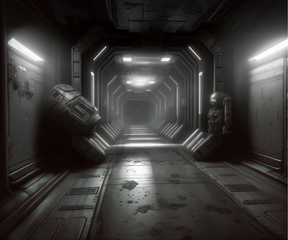 A gloomy and scary corridor of an abandoned spaceship. High quality illustration