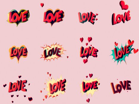 A selection of emblems with the word Love in the styles of comics and pop art