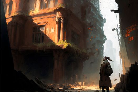 A traveler in an old abandoned city. Ruins and ruins. Steampunk style. High quality illustration