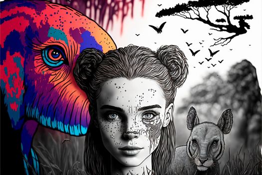 Wildlife in the modern world. Africa in the city. Spilled paints on a gray background. High quality illustration