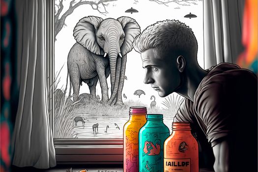 Wildlife in the modern world. Africa in the city. Spilled paints on a gray background. High quality illustration