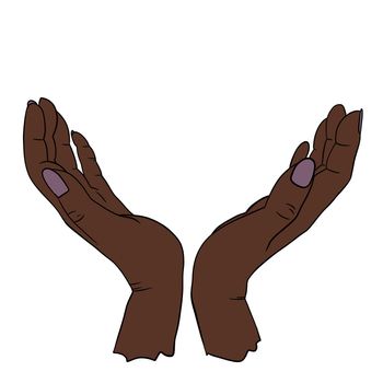 Hand drawn illustration of two human person hands holding in elegant gesture. Simple minimalist symbol concept in black line outline, skin color diversity, empty space for logo text